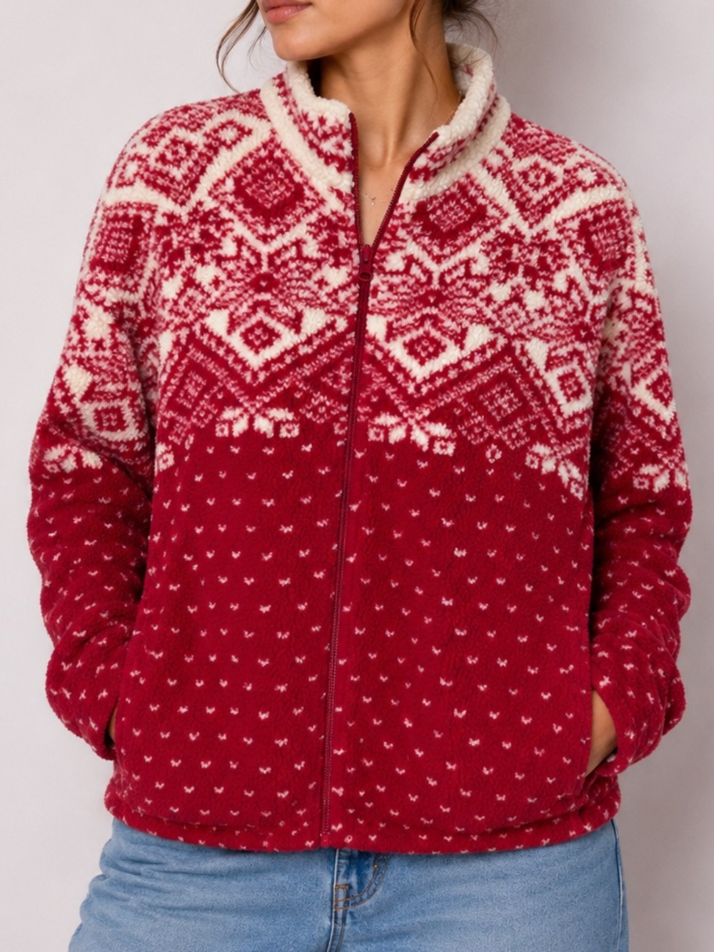 Vintage Northern Reflections Fleece Cozy Red Fair Isle Teddy Christmas Jacket